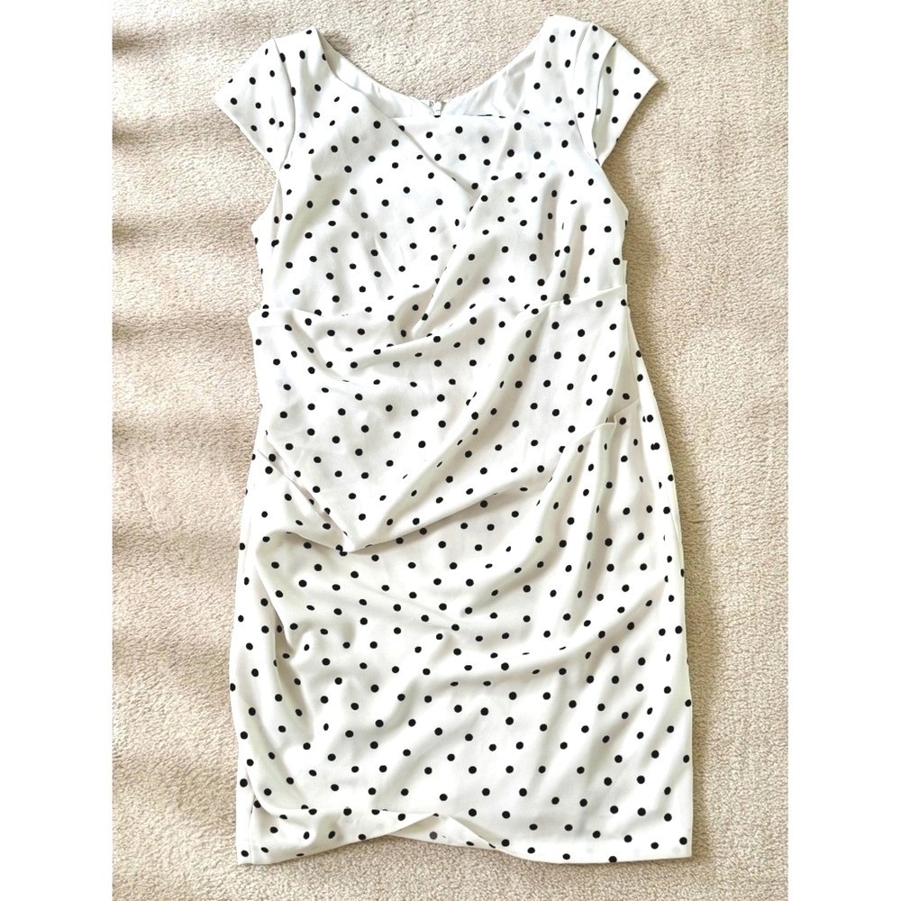 Adrianna Papell Polka Dot Draped Surpliceโ Sheath Dress Cap Sleeve Ruching Midi